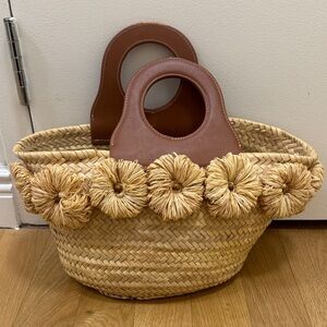 Poolside Straw Tote with Brown Leather Handles and Raffia Flower Accents